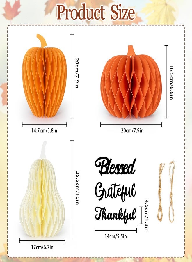 UNIIDECO 3PCS Paper Pumpkin Table Centerpieces, Pumpkins Honeycomb Centerpiece for Table Decorations with Thankful Signs for Fall, Halloween, Thanksgiving, Baby Shower, Birthday Party - Image 2