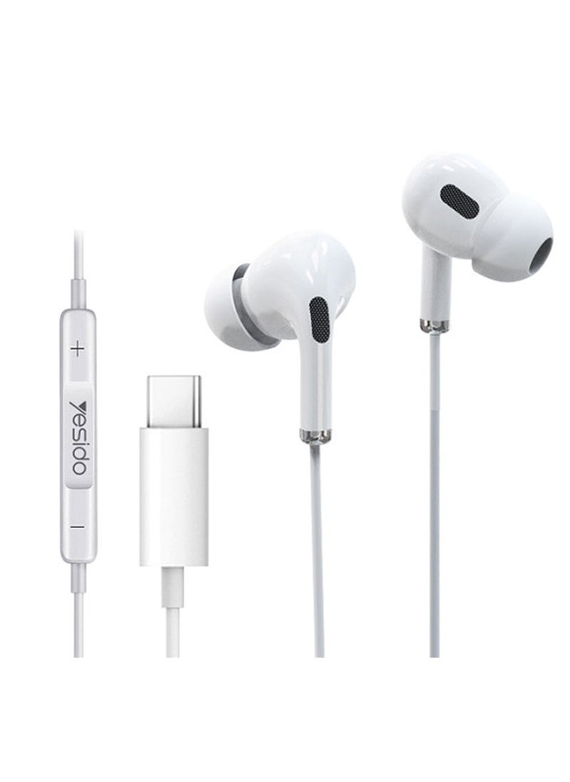 Yesido In-Ear Wired Earphones with Microphone and Type-C Connector, Aluminum Shell, Noise Cancelling, Yesido YH35 - White  - Image 1
