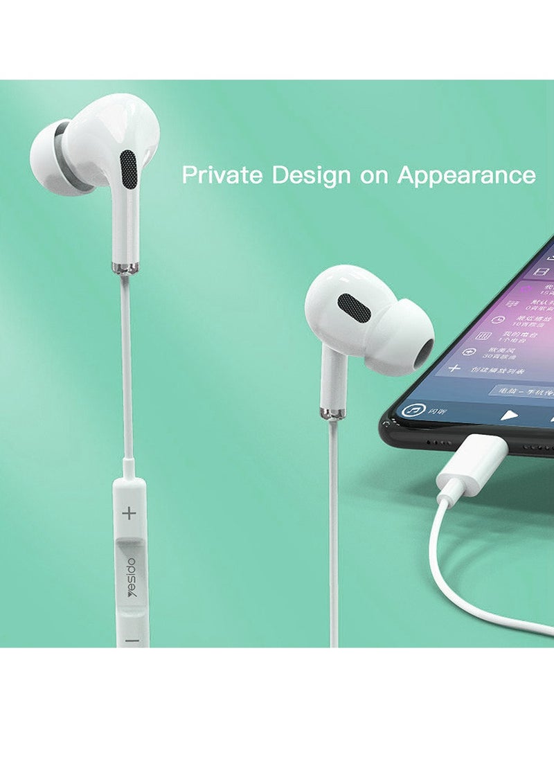 Yesido In-Ear Wired Earphones with Microphone and Type-C Connector, Aluminum Shell, Noise Cancelling, Yesido YH35 - White  - Image 3