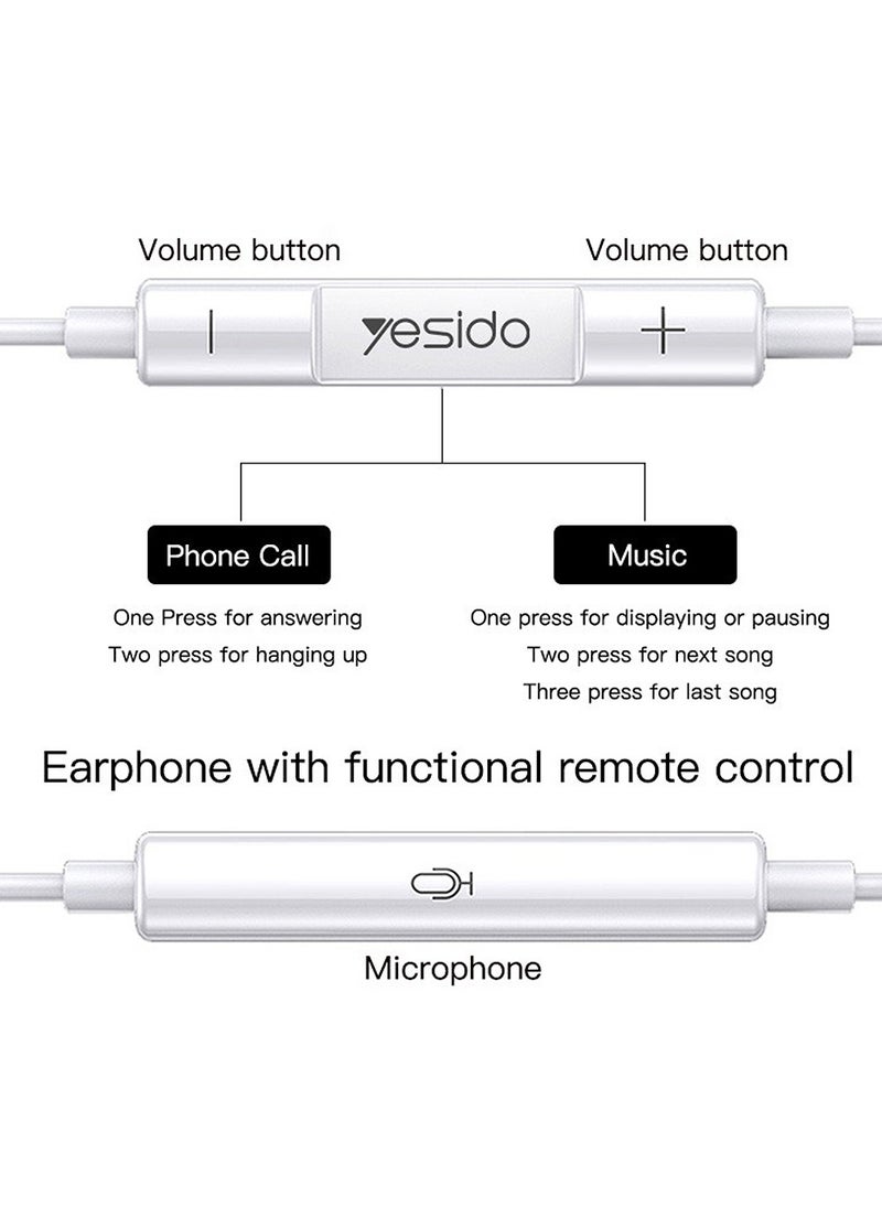 Yesido In-Ear Wired Earphones with Microphone and Type-C Connector, Aluminum Shell, Noise Cancelling, Yesido YH35 - White  - Image 4