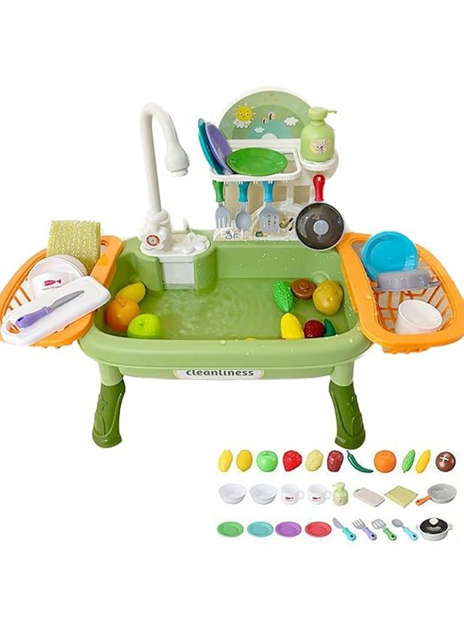 Kids Kitchen Sink Toy with Running Water 34Pcs Playing Electric Dishwasher with Automatic Water Cycle System toy kitchen play Toy for Kids Boys Girls Toddler (Green) - Image 1