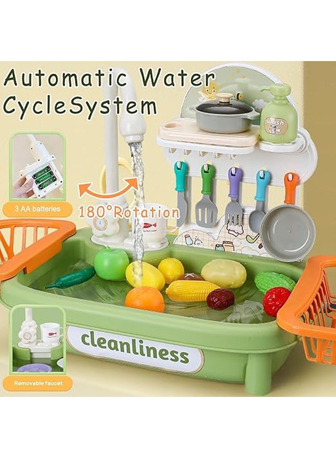 Kids Kitchen Sink Toy with Running Water 34Pcs Playing Electric Dishwasher with Automatic Water Cycle System toy kitchen play Toy for Kids Boys Girls Toddler (Green) - Image 4