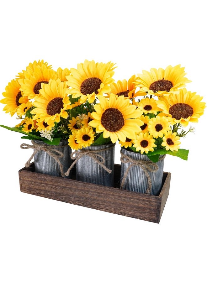 وينلين مجموعة Winlyn من 3 زهور عباد الشمس الاصطناعية، قطعة مركزية معدنية لزهرة عباد الشمس في المزرعة مع أصيص خشبي مستطيل الشكل مقاس 11 بوصة لحفلات الزفاف الريفية في الربيع والصيف، ورفوف طاولة المطبخ المنزلية - Image 1