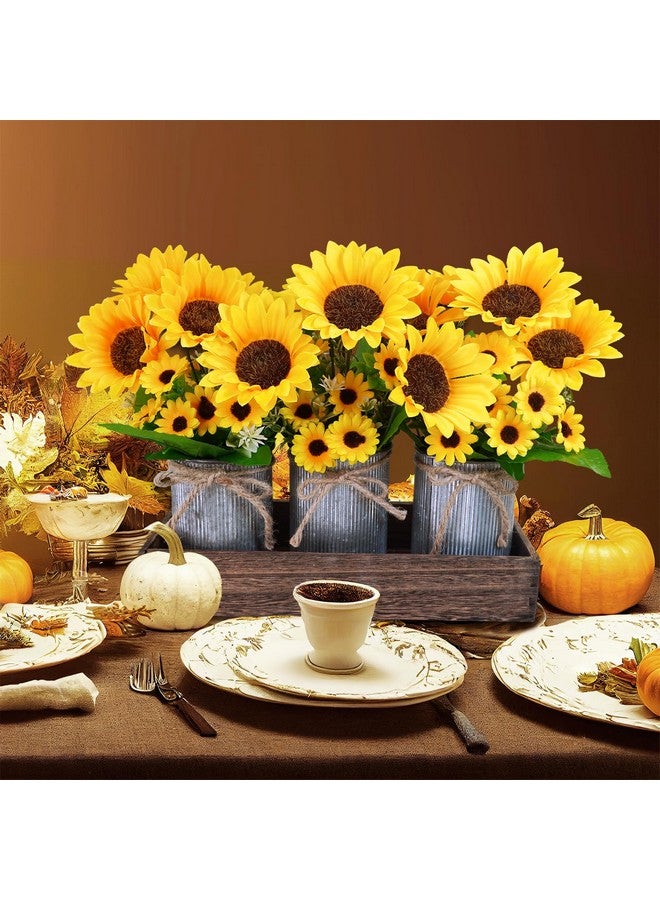 وينلين مجموعة Winlyn من 3 زهور عباد الشمس الاصطناعية، قطعة مركزية معدنية لزهرة عباد الشمس في المزرعة مع أصيص خشبي مستطيل الشكل مقاس 11 بوصة لحفلات الزفاف الريفية في الربيع والصيف، ورفوف طاولة المطبخ المنزلية - Image 4