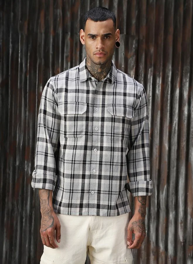HIGH STAR Men Releaxed Fit Tartan Checks Textured Checked Utility Casual Shirt