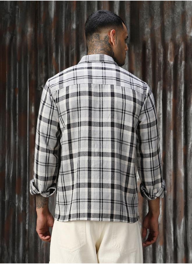 HIGH STAR Men Releaxed Fit Tartan Checks Textured Checked Utility Casual Shirt  - Image 5