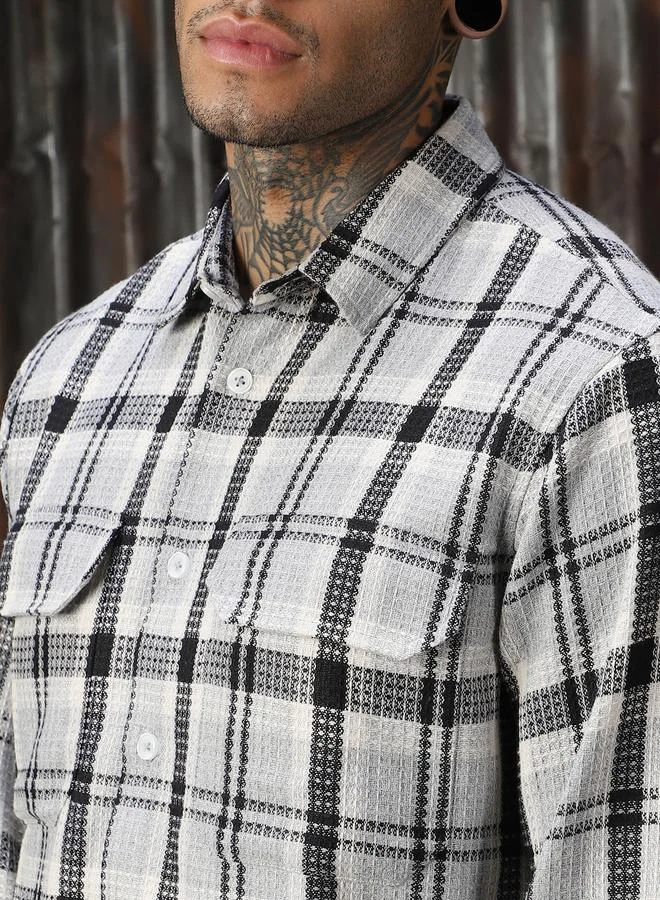 HIGH STAR Men Releaxed Fit Tartan Checks Textured Checked Utility Casual Shirt