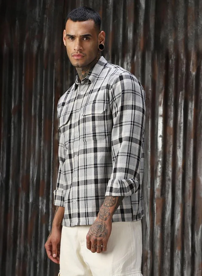 HIGH STAR Men Releaxed Fit Tartan Checks Textured Checked Utility Casual Shirt