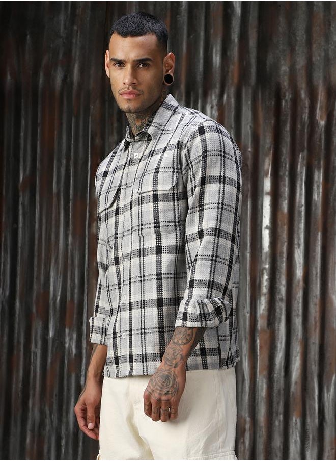 HIGH STAR Men Releaxed Fit Tartan Checks Textured Checked Utility Casual Shirt  - Image 3