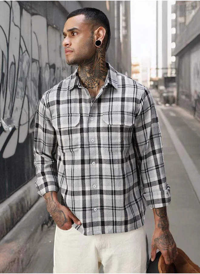 هاي ستار Men Shirts in Grey featuring Relaxed Fit fit with a check pattern, spread collar collar, collar neckline, full sleeve, secured with button closure, crafted from 70% cotton+ 30% recycled polyester – an essential addition to your stylish collection.