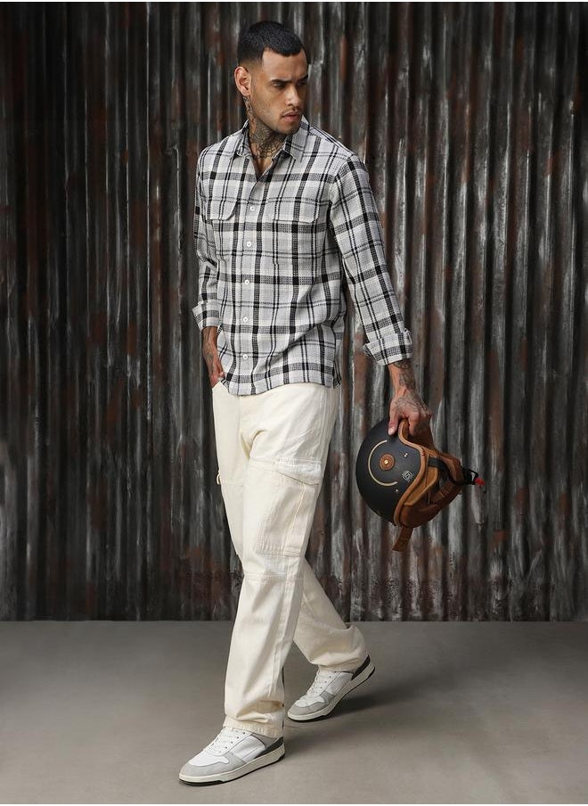 HIGH STAR Men Releaxed Fit Tartan Checks Textured Checked Utility Casual Shirt  - Image 2