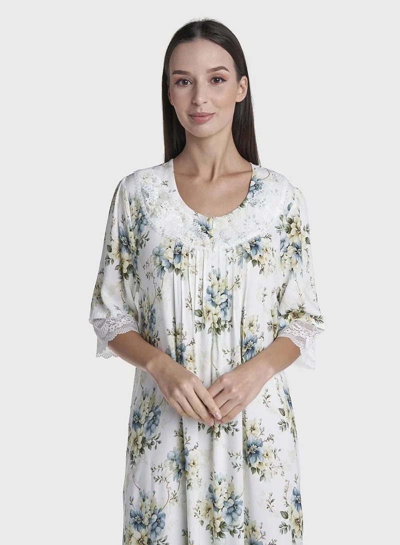 كشخة White Floral Print Rayon Lace Work Long Nightwear Dress (CNH492)