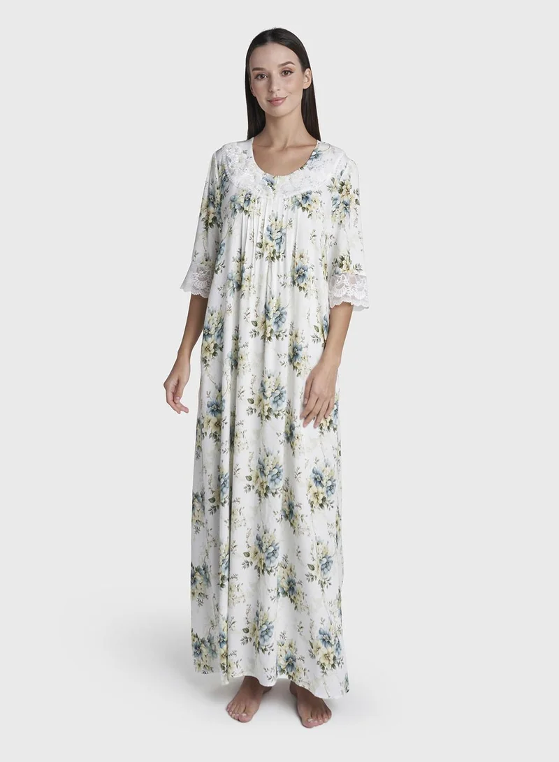 كشخة White Floral Print Rayon Lace Work Long Nightwear Dress (CNH492)