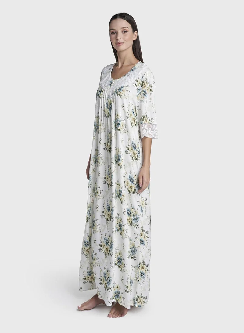 Kashkha  White Floral Print Rayon Lace Work Long Nightwear Dress (CNH492) for Women | Best Price UAE
