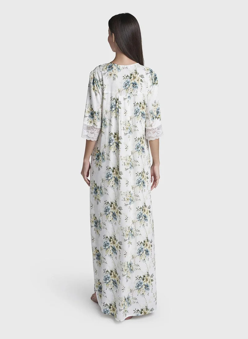 Kashkha  White Floral Print Rayon Lace Work Long Nightwear Dress (CNH492) for Women | Best Price UAE