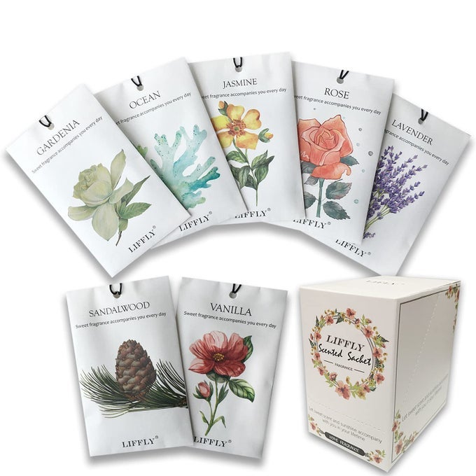 LIFFLY 14 Packs Scented Sachets for Drawers and Closets Lavender Rose Jasmine Ocean Vanilla Sandalwood Gardenia 7 Scent Gift Box