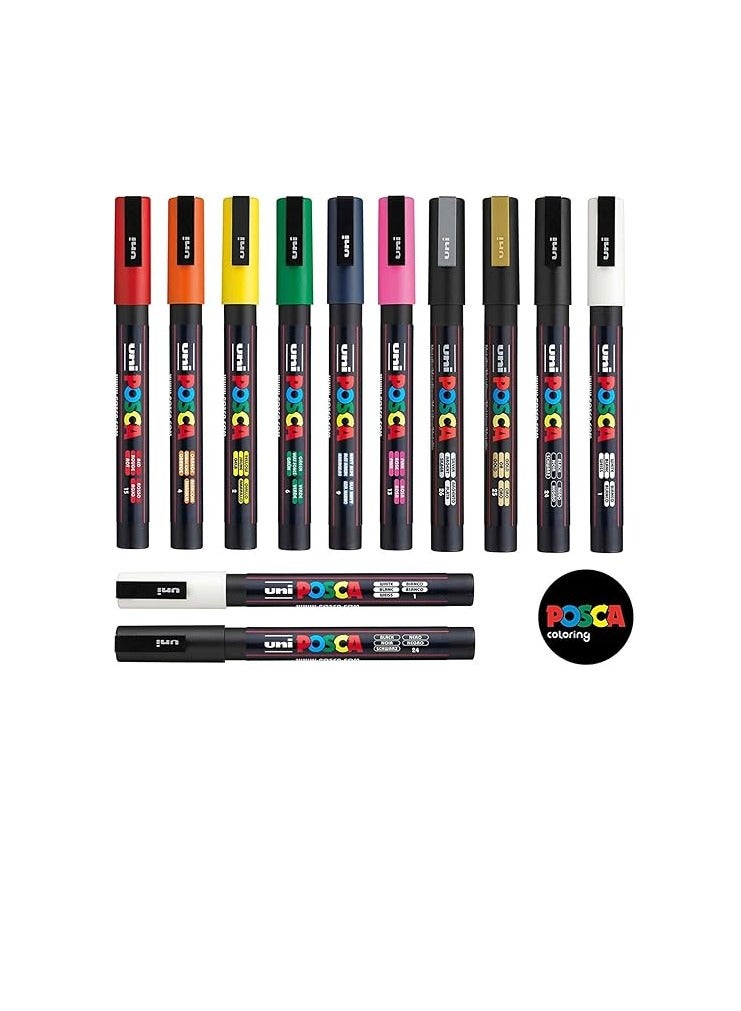 Posca PC-3M Paint Marker Pen – Professional 12 Pen Set, Extra Black + White Included