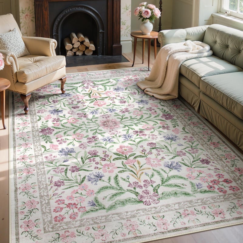 Wonnitar Floral Purple Rug for Bedroom, Washable 5x7 Area Rugs for Dorm, Boho Soft Non Slip Ultra-Thin Indoor Floor Carpet for Kids Room Nursery Living Room Classroom, Light Purple/Pink - Image 1