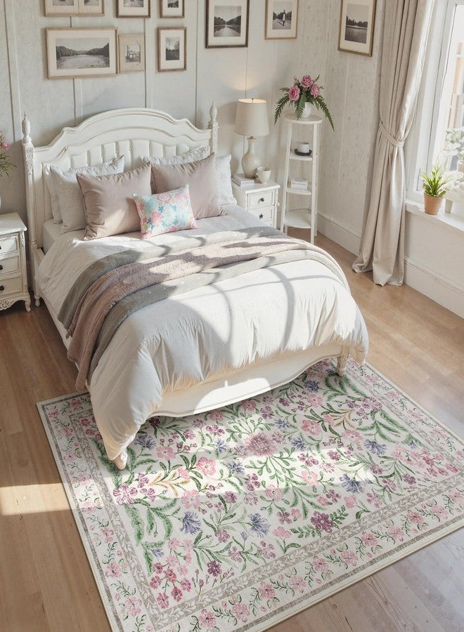 Wonnitar Floral Purple Rug for Bedroom, Washable 5x7 Area Rugs for Dorm, Boho Soft Non Slip Ultra-Thin Indoor Floor Carpet for Kids Room Nursery Living Room Classroom, Light Purple/Pink - Image 3