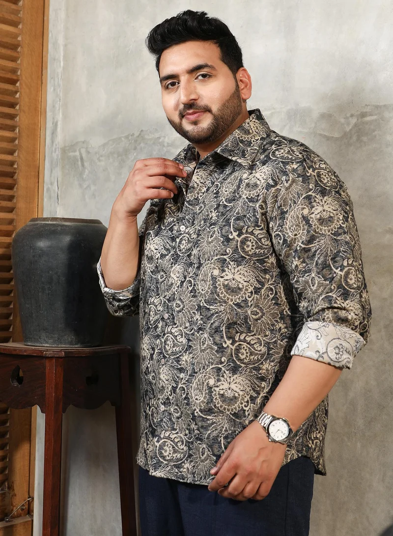 Instafab Plus  Men's Navy Blue Paisley-Galleria Shirt For Casual Wear | Spread Collar | Long Cuffed Sleeves | Button Closure | Plus Size Shirt Crafted With Comfort Fit For Everyday Wear for Men | Best Price UAE