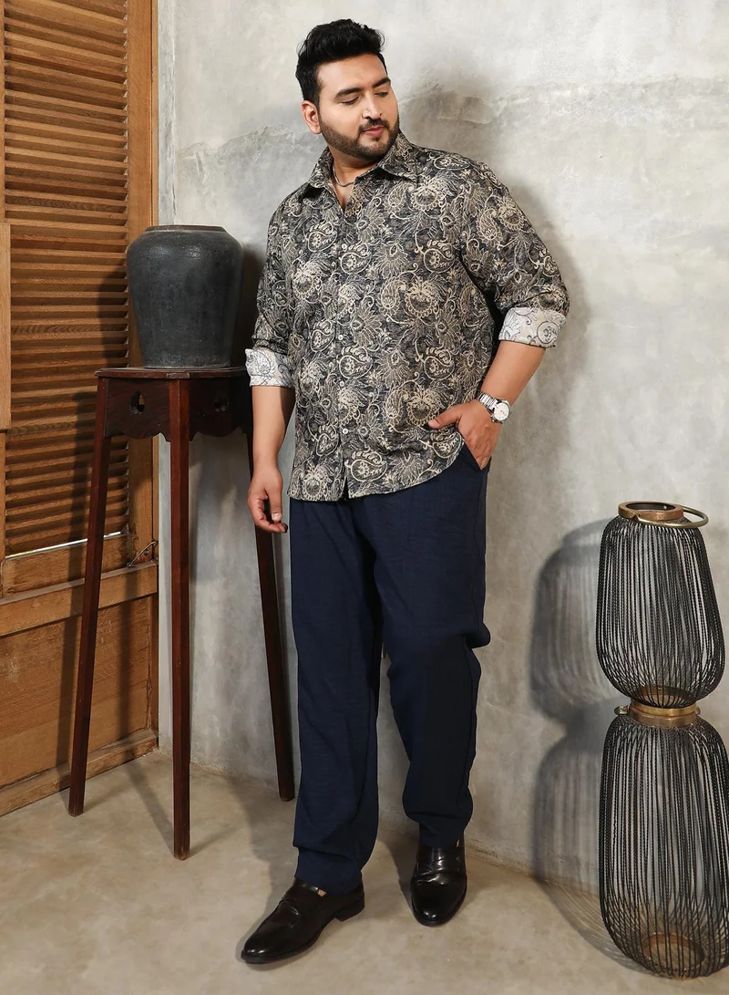 Instafab Plus  Men's Navy Blue Paisley-Galleria Shirt For Casual Wear | Spread Collar | Long Cuffed Sleeves | Button Closure | Plus Size Shirt Crafted With Comfort Fit For Everyday Wear for Men | Best Price UAE