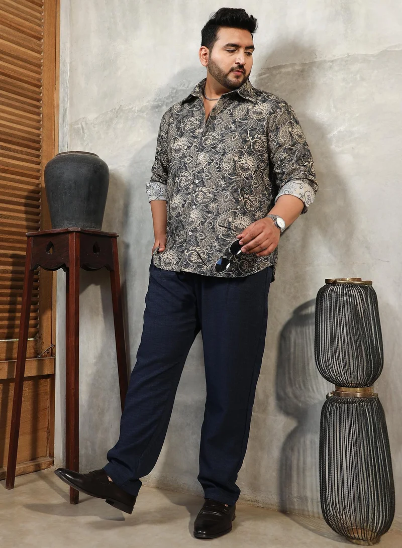 Instafab Plus  Men's Navy Blue Paisley-Galleria Shirt For Casual Wear | Spread Collar | Long Cuffed Sleeves | Button Closure | Plus Size Shirt Crafted With Comfort Fit For Everyday Wear for Men | Best Price UAE
