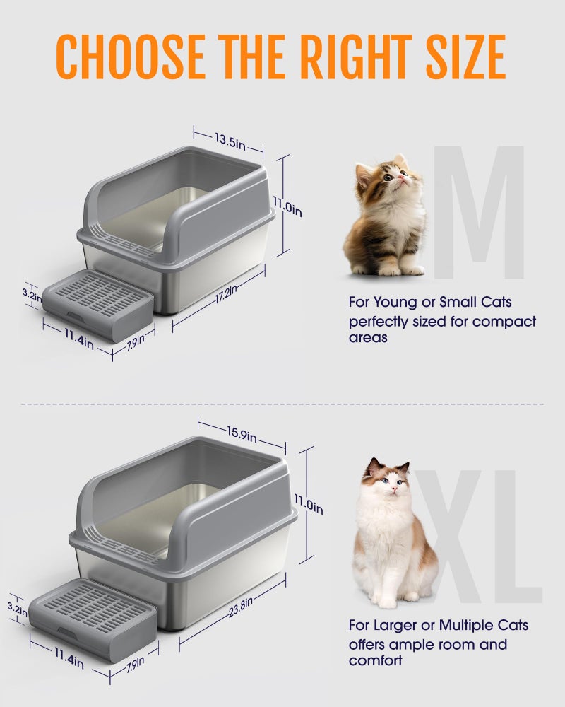 Powools Cat Litter Box - Stainless Steel Litter Box with Scatter-Proof Elevated Step Board for Kitty Use, Robust & Non-Sticky Metal Cat Box with Scoop, Grey - Image 5