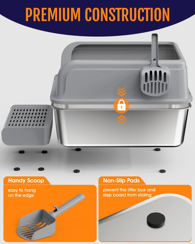 Powools Cat Litter Box - Stainless Steel Litter Box with Scatter-Proof Elevated Step Board for Kitty Use, Robust & Non-Sticky Metal Cat Box with Scoop, Grey - Image 2