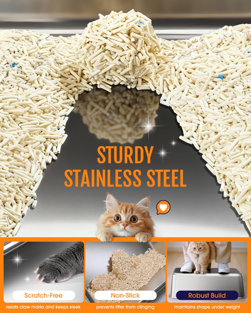 Powools Cat Litter Box - Stainless Steel Litter Box with Scatter-Proof Elevated Step Board for Kitty Use, Robust & Non-Sticky Metal Cat Box with Scoop, Grey - Image 4