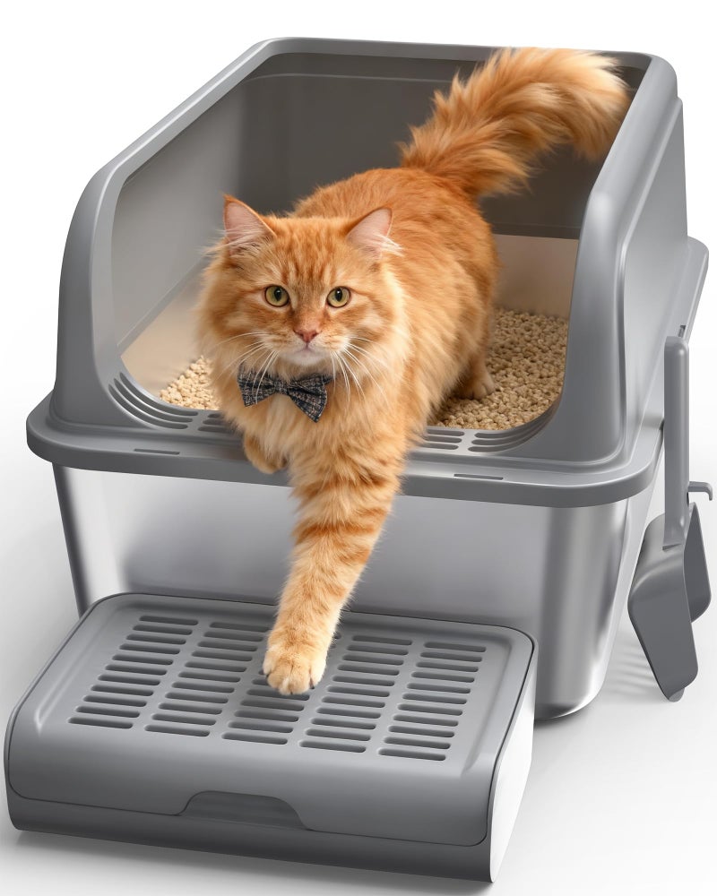 Powools Cat Litter Box - Stainless Steel Litter Box with Scatter-Proof Elevated Step Board for Kitty Use, Robust & Non-Sticky Metal Cat Box with Scoop, Grey - Image 1
