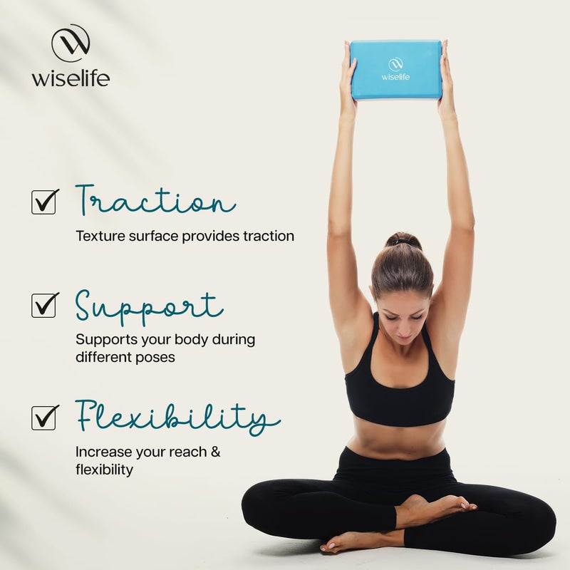 WISELIFE Teal Yoga Block Set + Blue Yoga Belt | Brick (Set of 2, Extra Large Size) | Stretch Belt/Strap (Navy Blue, 8 feet long) | starters kit, accessories, Yoga props - Image 4