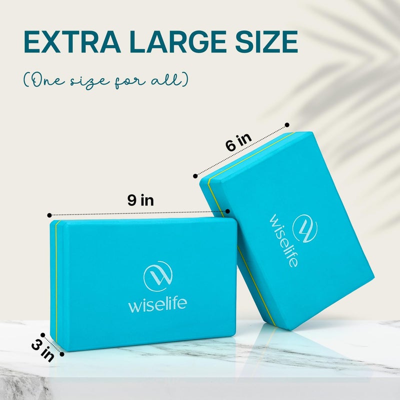 WISELIFE Teal Yoga Block Set + Blue Yoga Belt | Brick (Set of 2, Extra Large Size) | Stretch Belt/Strap (Navy Blue, 8 feet long) | starters kit, accessories, Yoga props - Image 2