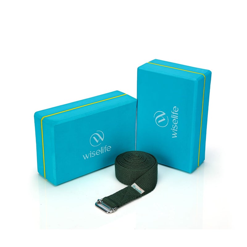 WISELIFE Teal Yoga Block Set + Blue Yoga Belt | Brick (Set of 2, Extra Large Size) | Stretch Belt/Strap (Navy Blue, 8 feet long) | starters kit, accessories, Yoga props - Image 1