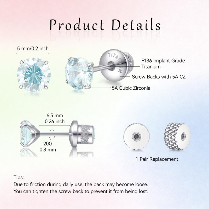 Limerencia Birthstone Screw Back Earrings G23 Implant Grade Titanium Stud Earrings Hypoallergenic Cubic Zirconia Posts Studs Jewelry Gifts for Girls Sensitive Ears - Image 3