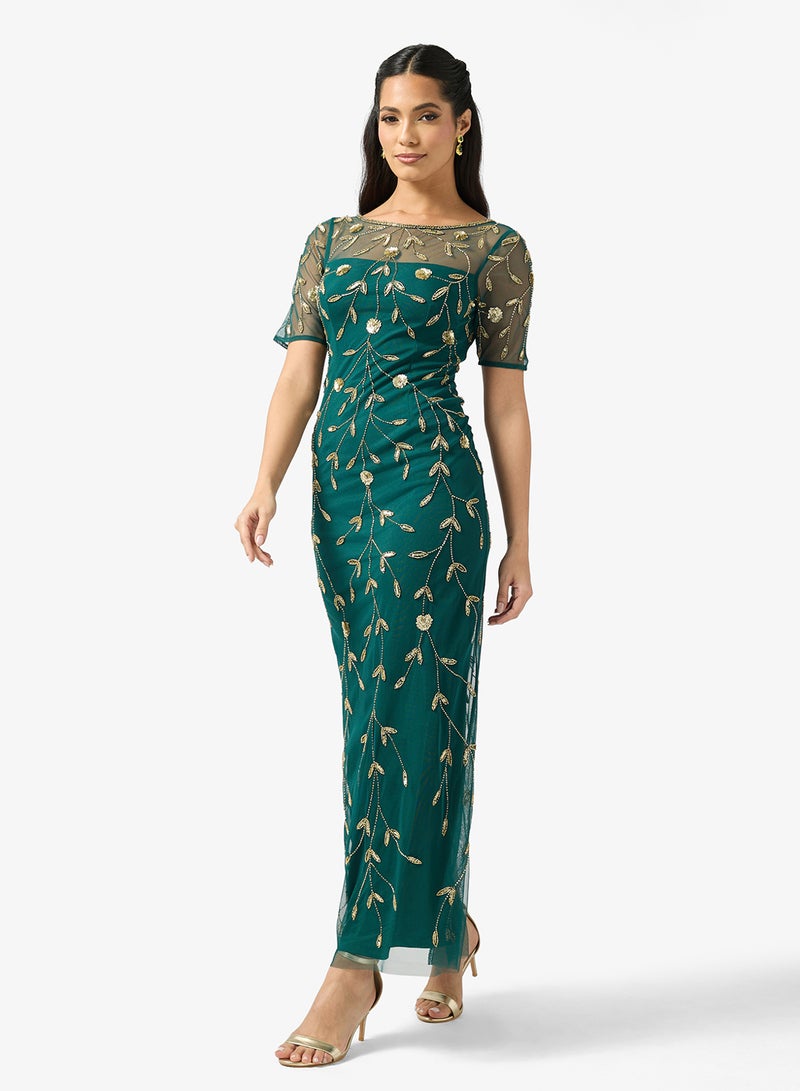 Adrianna Papell Embellished Crew Neck Mesh Detailed Dress - Image 1