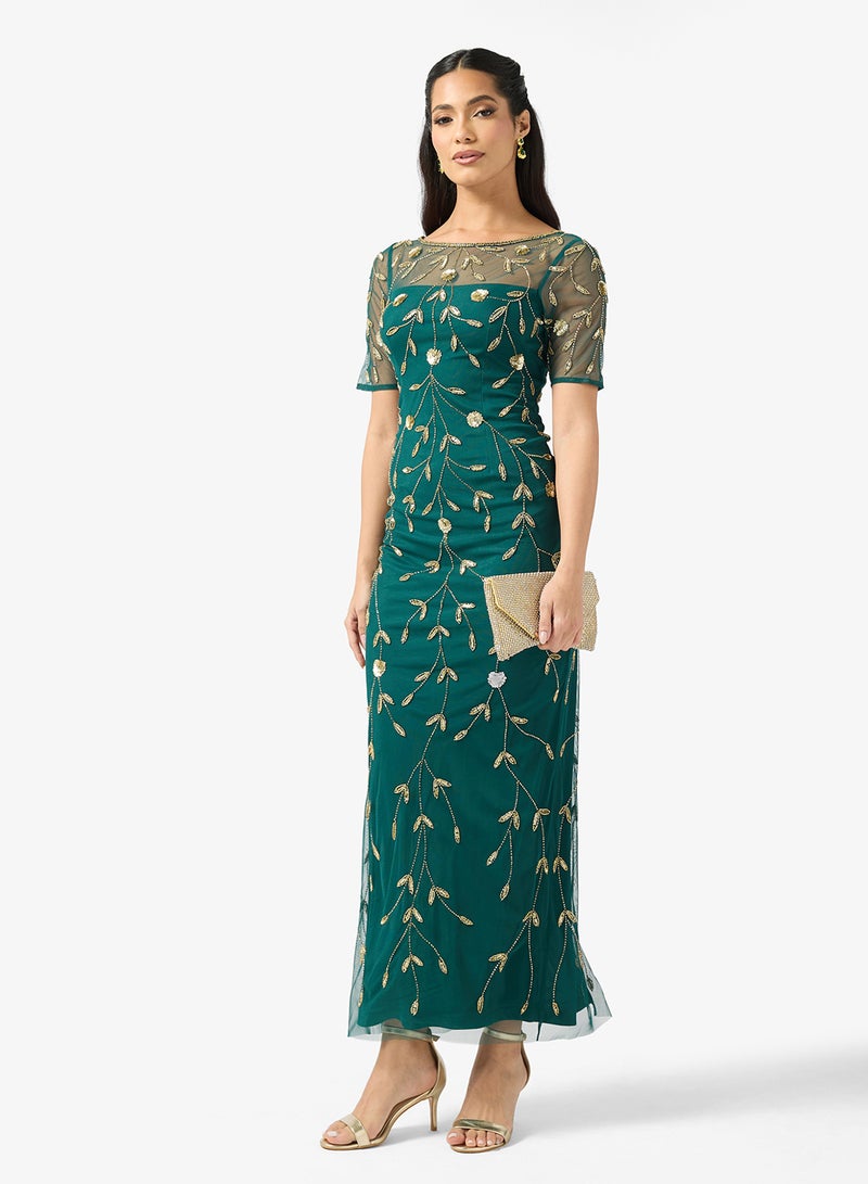 Adrianna Papell Embellished Crew Neck Mesh Detailed Dress - Image 4