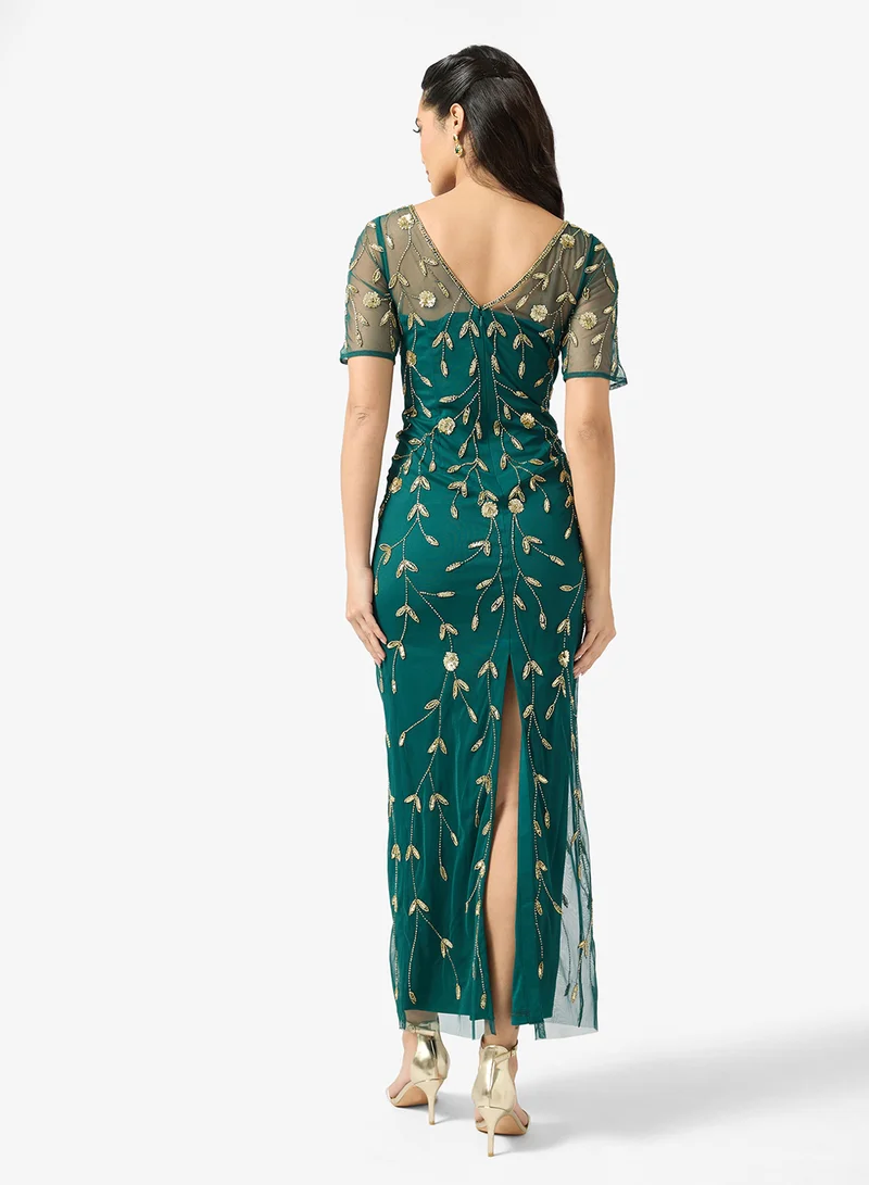 Adrianna Papell Embellished Crew Neck Mesh Detailed Dress