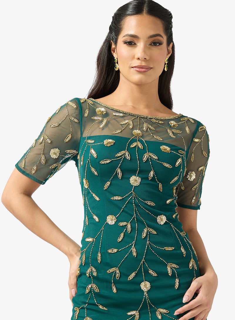 Adrianna Papell Embellished Crew Neck Mesh Detailed Dress - Image 3