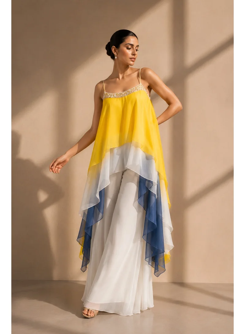 Lehar Yellow Colorblock Layered Chiffon Cape Top with White Wide-Leg Palazzo Set