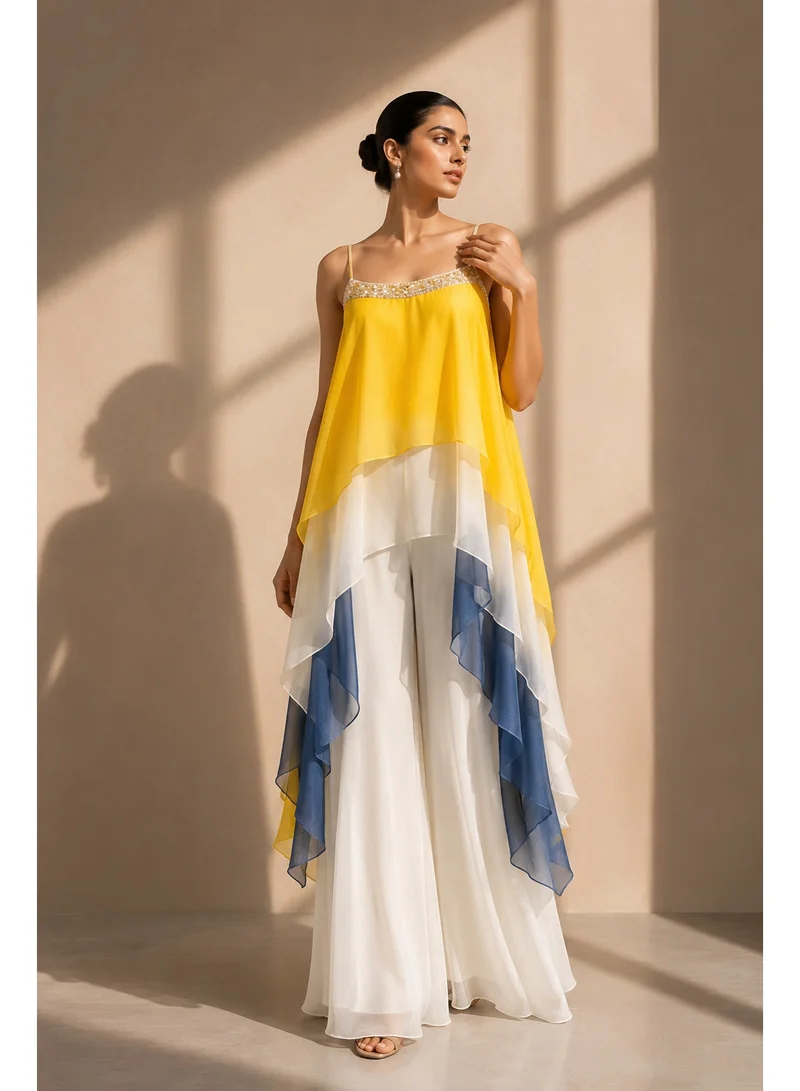Lehar Yellow Colorblock Layered Chiffon Cape Top with White Wide-Leg Palazzo Set
