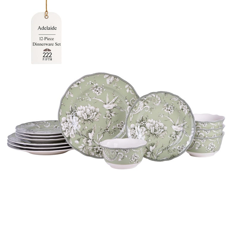 222 Fifth Adelaide Sage 12-Piece Green Porcelain Dinnerware Set â€“ Service for 4, Big Dinner Plates and Bowls Sets, Green with White Floral Pattern, for Daily Entertainment, Microwave & Dishwasher Safe - Image 1