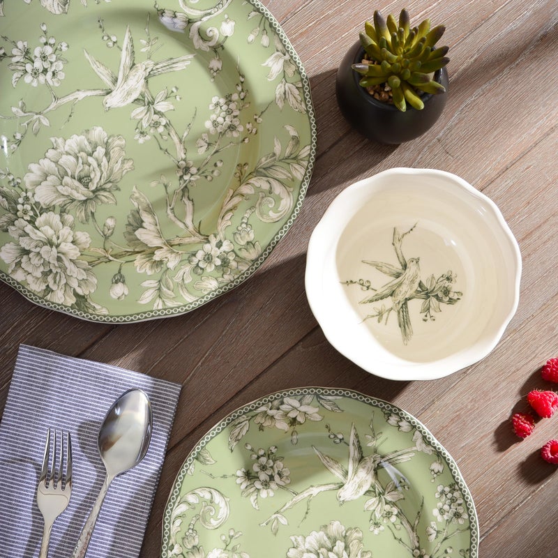 222 Fifth Adelaide Sage 12-Piece Green Porcelain Dinnerware Set â€“ Service for 4, Big Dinner Plates and Bowls Sets, Green with White Floral Pattern, for Daily Entertainment, Microwave & Dishwasher Safe - Image 5