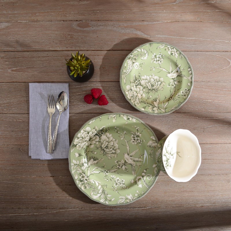 222 Fifth Adelaide Sage 12-Piece Green Porcelain Dinnerware Set â€“ Service for 4, Big Dinner Plates and Bowls Sets, Green with White Floral Pattern, for Daily Entertainment, Microwave & Dishwasher Safe - Image 4
