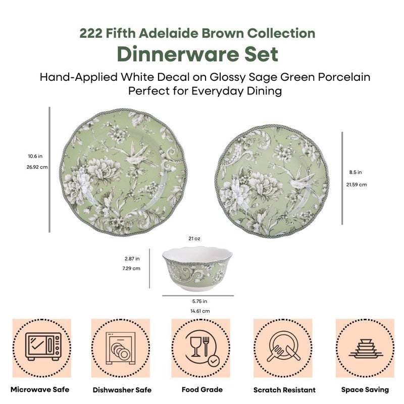 222 Fifth Adelaide Sage 12-Piece Green Porcelain Dinnerware Set â€“ Service for 4, Big Dinner Plates and Bowls Sets, Green with White Floral Pattern, for Daily Entertainment, Microwave & Dishwasher Safe - Image 2
