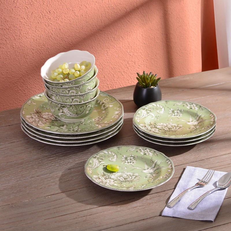 222 Fifth Adelaide Sage 12-Piece Green Porcelain Dinnerware Set â€“ Service for 4, Big Dinner Plates and Bowls Sets, Green with White Floral Pattern, for Daily Entertainment, Microwave & Dishwasher Safe - Image 3