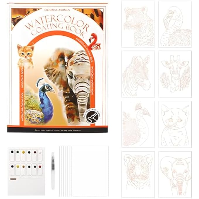 WATERCOLOR PAINT SET FOR ADULTS, PAINT WITH WATER COLORING BOOKS, POCKET WATER COLOR PAINTING SET ARTS AND CRAFTS GIFT, 1 BRUSH, 12 COLOR BLOCKS (COLORFUL ANIMALS) - Image 1