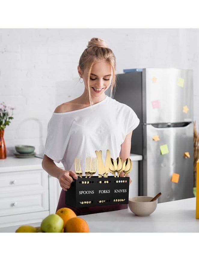 Arabest Silverware Caddy Flatware Cutlery Holder Metal Silverware Organizer Containers Black Kitchen Utensil Holder for Countertop Spoon and Fork Holder Flatware Utensils Caddy for Party - Image 2