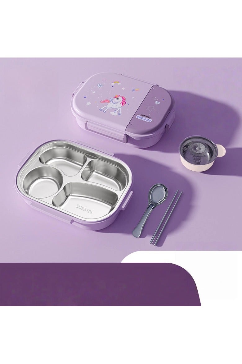 general Purple Unicorn Design 316L Stainless Steel Lunch Box (Four Compartments, 1600ML) with 316 Steel Chopsticks, Spoon, and Soup Bowl - Portable Lunch Box for Students and Working Professionals - Image 1