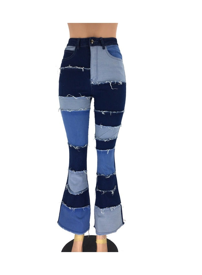 Loquat Stylish Contrast Patchwork High-rise Tight Hip Flared Women's Denim Trousers - Image 1