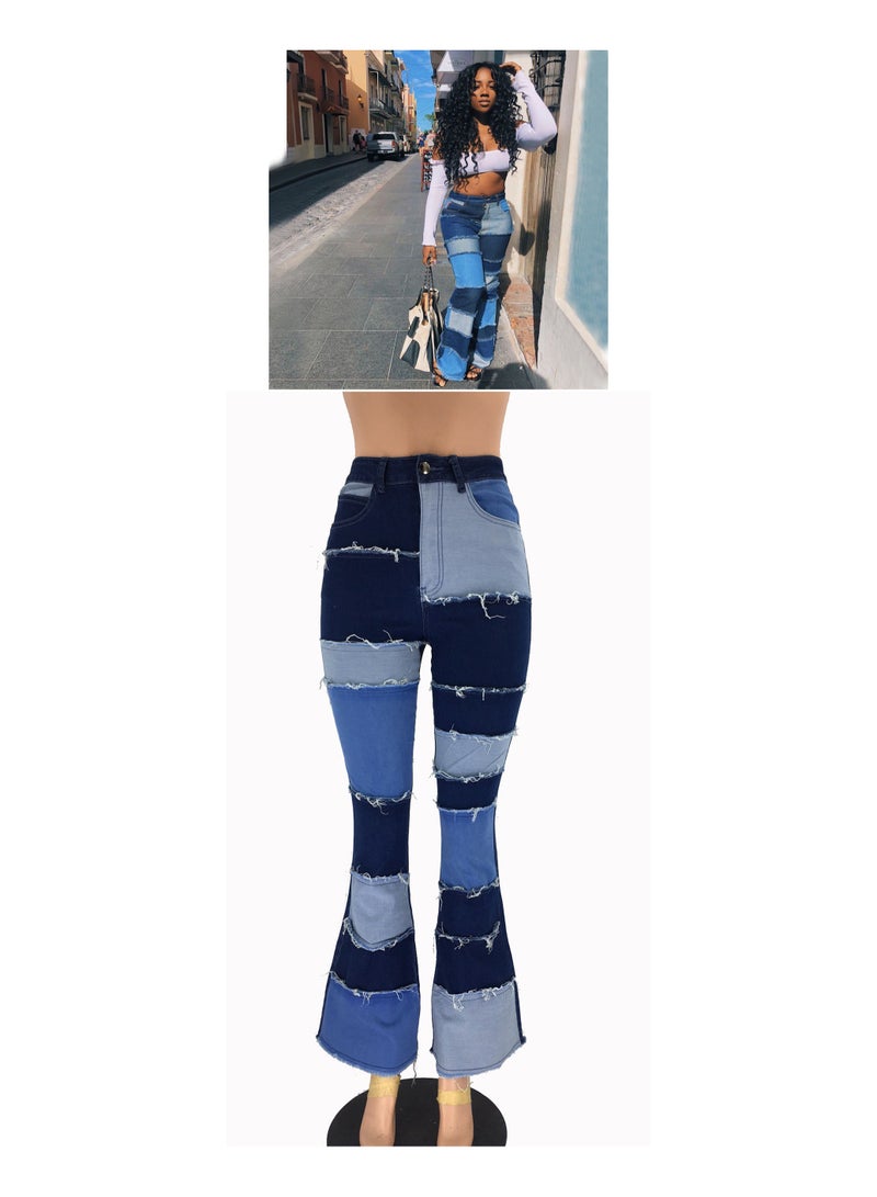 Loquat Stylish Contrast Patchwork High-rise Tight Hip Flared Women's Denim Trousers - Image 2